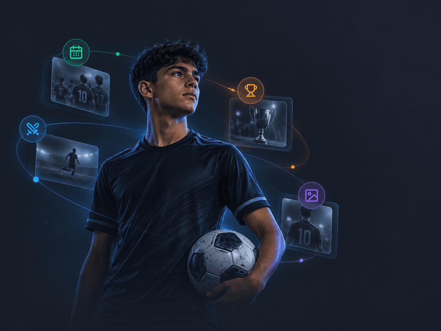 Jovem atleta com uma bola, cercado pelos registros da sua linha do tempo: jogos, conquistas e fotos